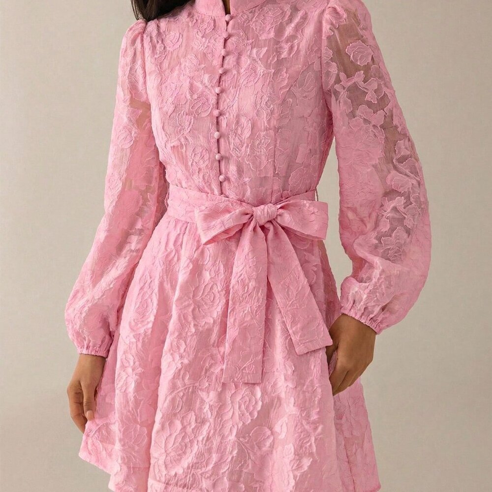 Pink Elegant Women's A-Line Short Dress with Cinched Waist, Puff Sleeves - Picture 3 of 7